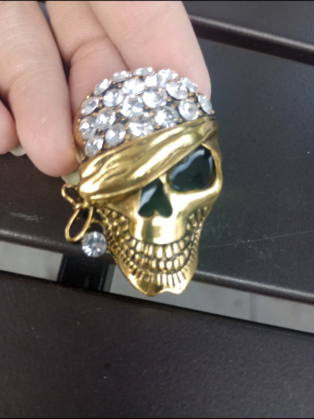 Gold Skull Brooch with Clear Crystal Accents
